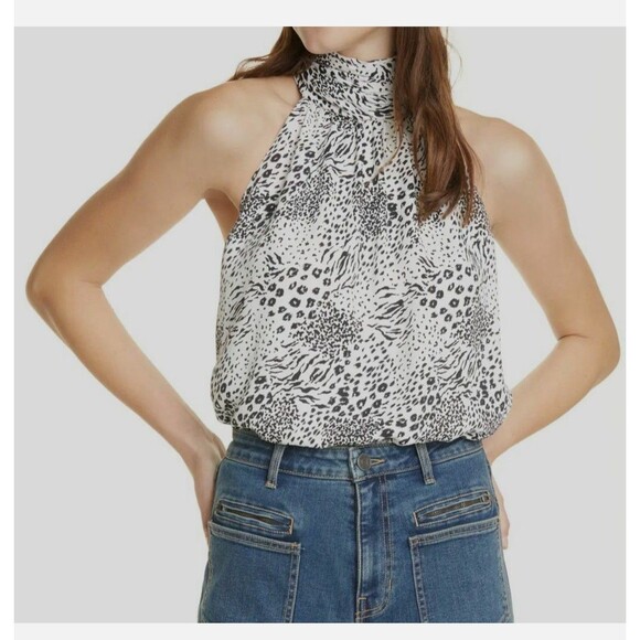NWT- Joie 'Erola B' Printed Mock-Neck Halter Top, Porcelain/Black - Size Small - Picture 1 of 14